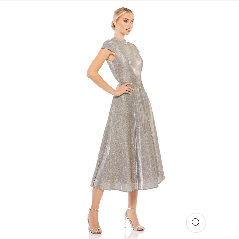 Metallic Silver Midi Dress with Cap Sleeves